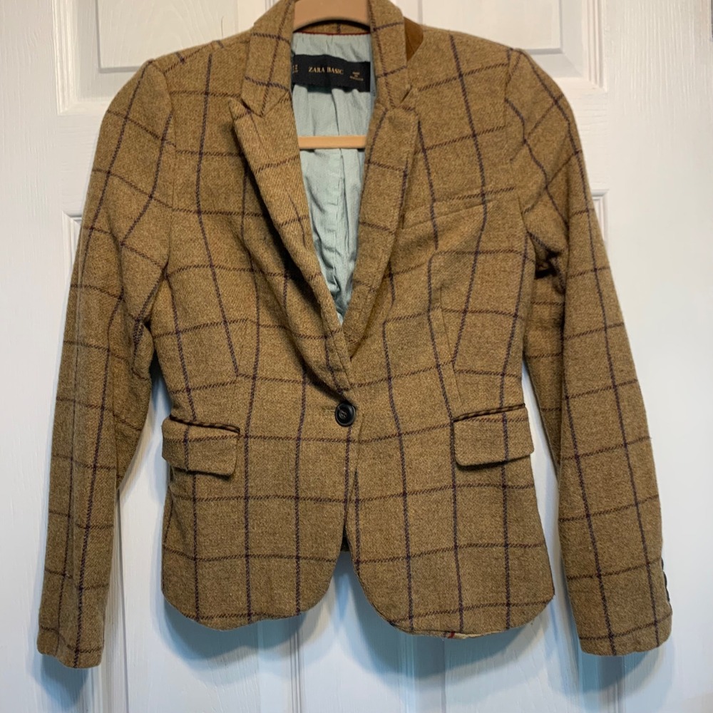 Zara Basic Blazer Size M Brown Windowpane Lambswool Blend Elbow Patches Preppy